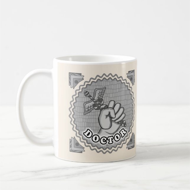 Hand holding caduceus doctor  coffee mug (Left)