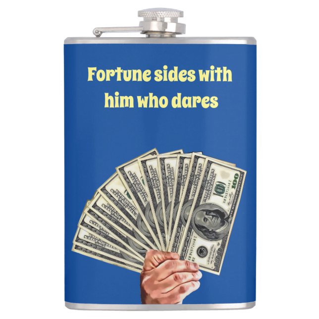 hand holding hundred dollar bills money art hip flask (Front)