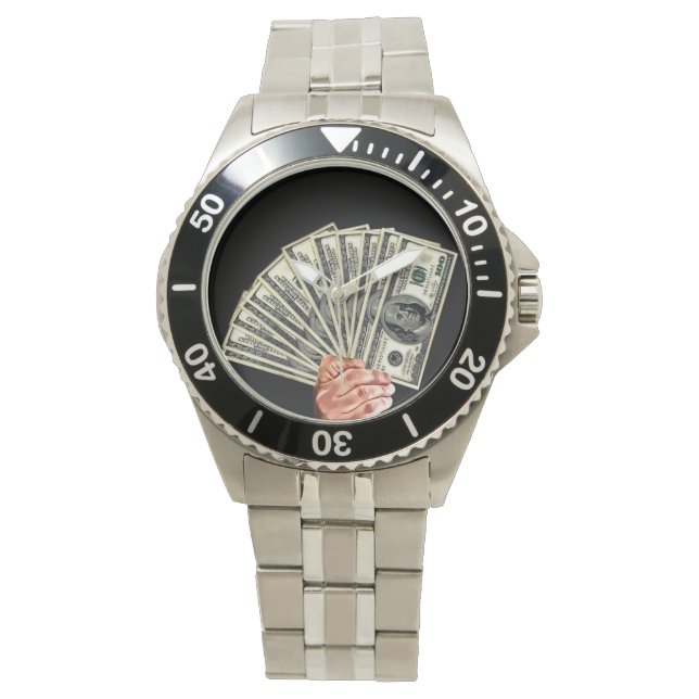 hand holding hundred dollar bills money art watch (Front)