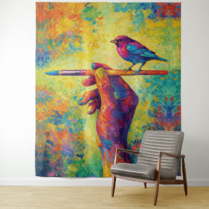 Hand Holding Paintbrush with Bird Creative Tapestry