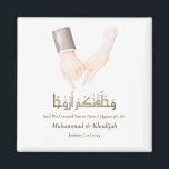 Hand Holding Quote An-Naba 8 Muslim Wedding Nikah Magnet<br><div class="desc">Hand Holding Quote An-Naba 8 Muslim Wedding Nikah Classic Round Magnet We create this design with drawing of bride and grooms holding hand and a quote from Quran " wa khalaqnakum azwaaja" with meaning " and we created you in pairs" from Surah An-Naba 78:18 This design could easily personalise and...</div>