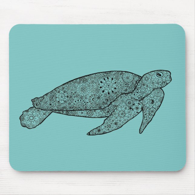 Hand Illustrated Artsy Floral Sea Turtle Mouse Pad (Front)