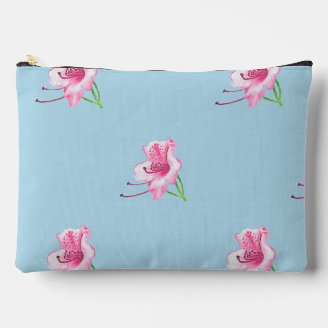 Hand illustrated Blue & Pink Flowewith Robin Scene Accessory Pouch (Front)