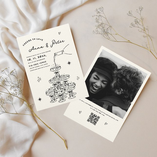 Hand-illustrated Champagne Tower Photo QR Wedding Invitation (All-in-one wedding invitation, hand-written with Photo and QR code)