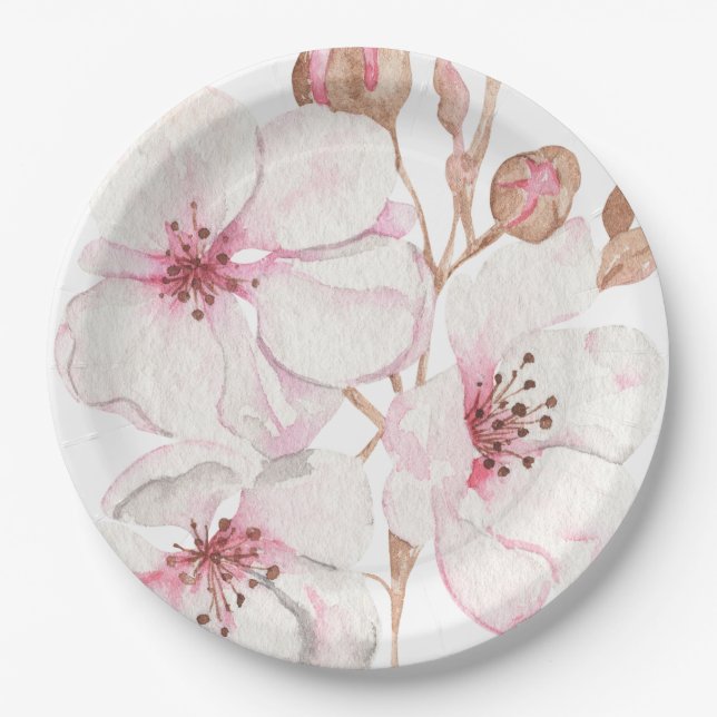 Hand Illustrated Cherry blossom  Paper Plate (Front)