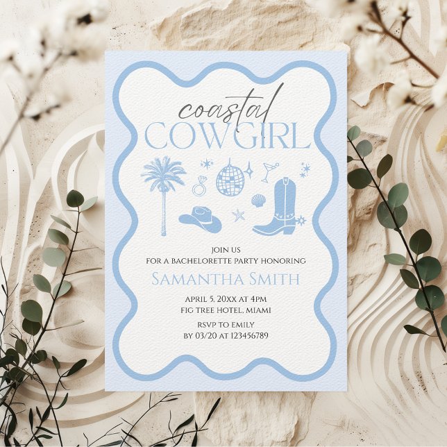 Hand Illustrated Coastal Cowgirl Blue Bachelorette Invitation (Coastal Cowgirl Bachelorette Party Invitation)