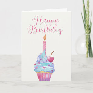 Hand Illustrated Cupcake with a Single Candle Card