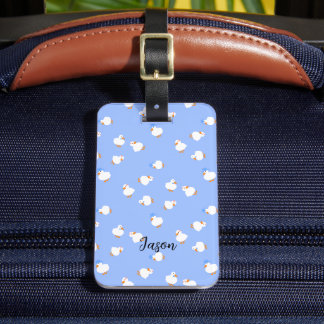 Hand Illustrated Cute Kawaii Ducks in Blue Contact Luggage Tag