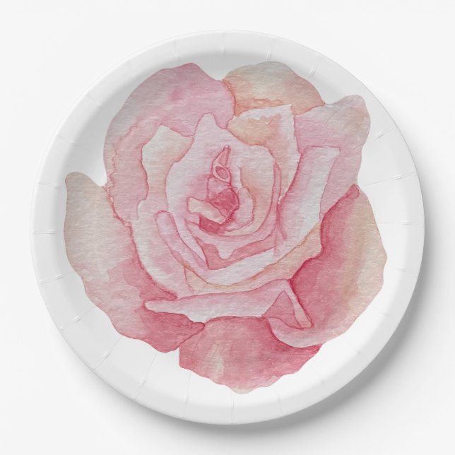 Hand Illustrated Delicate Pink Rose Paper Plate (Front)