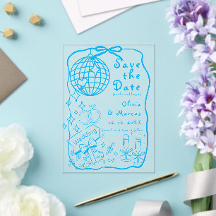 Hand Illustrated Doodle Blue Wedding Save The Date Acrylic Invitations