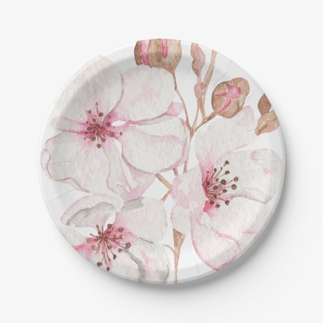 Hand Illustrated Drawn Cherry Blossom  Paper Plate (Front)
