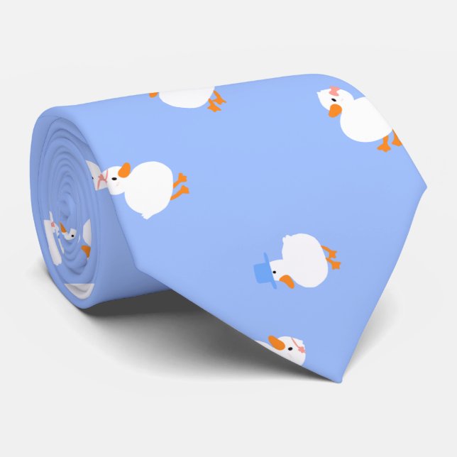 Hand Illustrated Ducks Design Fun Blue Tie (Rolled)