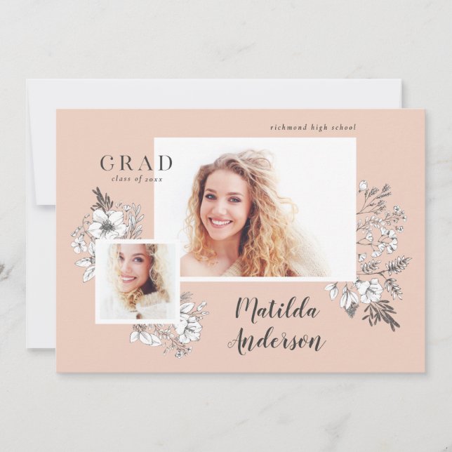 Hand illustrated floral multi photo graduate announcement (Front)