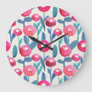 Hand-illustrated florals: watercolor texture. large clock