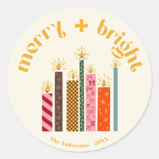 Hand-Illustrated Merry + Bright Christmas Sticke Classic Round Sticker