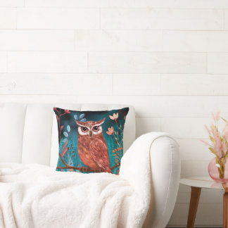 Hand-illustrated owl by the artist - Boho Nature Cushion
