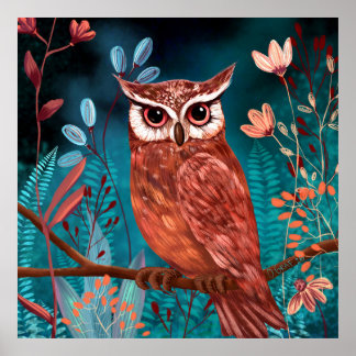 Hand-illustrated owl by the artist - Boho Nature Poster