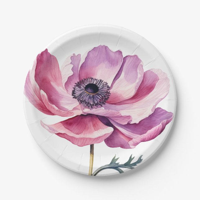 Hand Illustrated Pink Wild Flower  Paper Plate (Front)