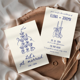 Hand Illustrated Retro French Blue Quirky Wedding Invitation