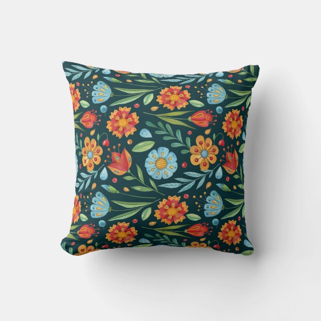 Hand-Illustrated Watercolor Flower Pattern Cushion (Front)