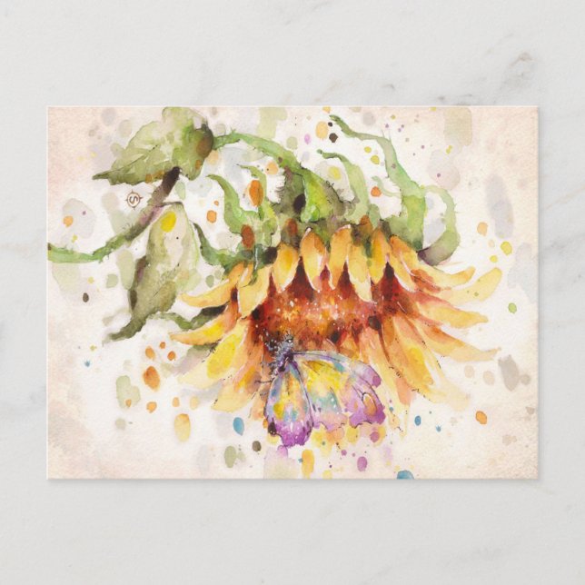 Hand In Hand (Cute Sunflower and Butterfly) Announcement Postcard (Front)