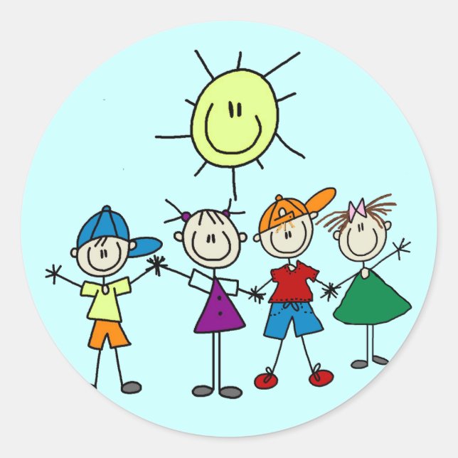 Hand in Hand Stick Figure Kids Tshirts and Gifts Classic Round Sticker (Front)