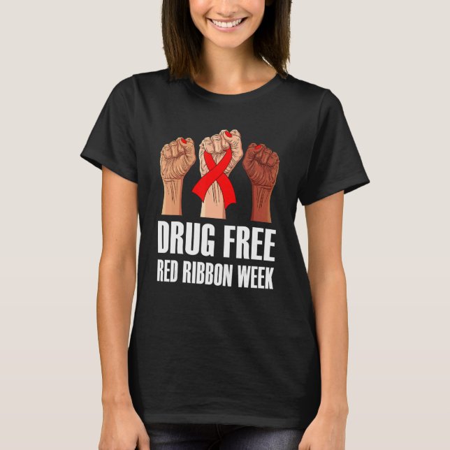 Hand In October We Wear Red Ribbon Week Awareness  T-Shirt (Front)