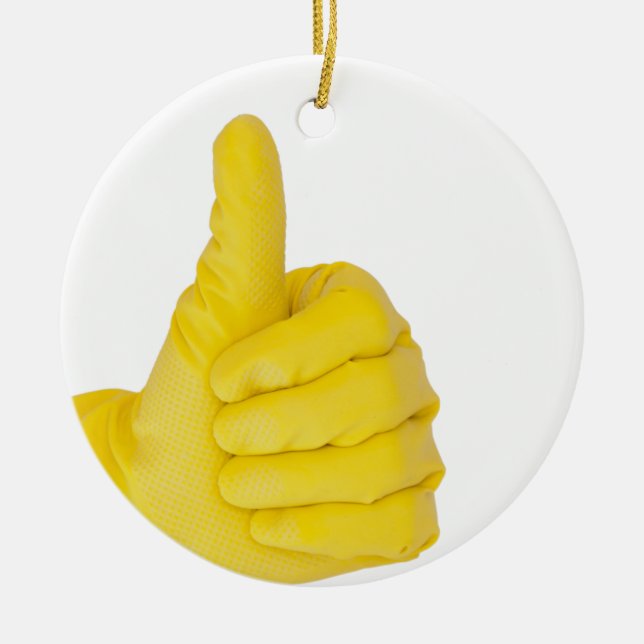 Hand in yellow latex glove ceramic tree decoration (Front)