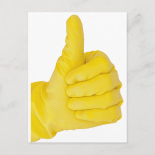 Hand in yellow latex glove postcard