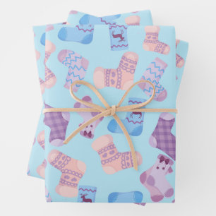 Hand Knitted Socks Tiled Pattern Blue Wrapping Paper Sheet