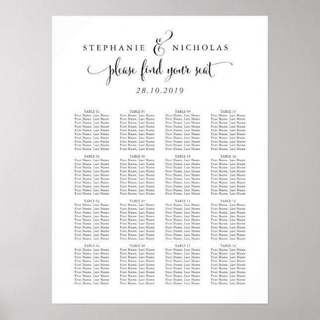 Hand Letter Chic Wedding Seating Chart (Front)