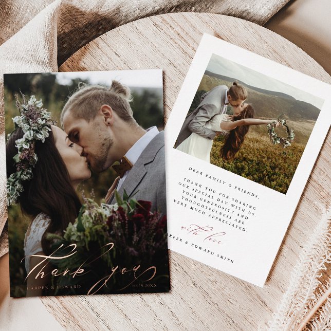 Hand Lettered 2 Photo Wedding Thank You Foil Card  (Front & Back)