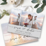 Hand Lettered 3 Image Light Grey Save The Date<br><div class="desc">Pick the best pictures from your engagement shoot or your favourite pictures of the two of you for this perfect save the date. The words save the date are handwritten to give a personal feel to the card. The front has 3 images and the back has a large image with...</div>
