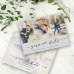 Hand Lettered 3 Image Light Grey Save The Date<br><div class="desc">Pick the best pictures from your engagement shoot or your favorite pictures of the two of you for this perfect save the date. The words save the date are handwritten to give a personal feel to the card. The front has 3 images and the back has a large image with...</div>