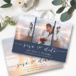 Hand Lettered 3 Image Navy Blue Save The Date<br><div class="desc">Pick the best pictures from your engagement shoot or your favourite pictures of the two of you for this perfect save the date. The words save the date are handwritten to give a personal feel to the card. The front has 3 images and the back has a large image with...</div>