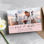 Hand Lettered 3 Image Pink Save The Date<br><div class="desc">Pick the best pictures from your engagement shoot or your favourite pictures of the two of you for this perfect save the date. The words save the date are handwritten to give a personal feel to the card. The front has 3 images and the back has a large image with...</div>