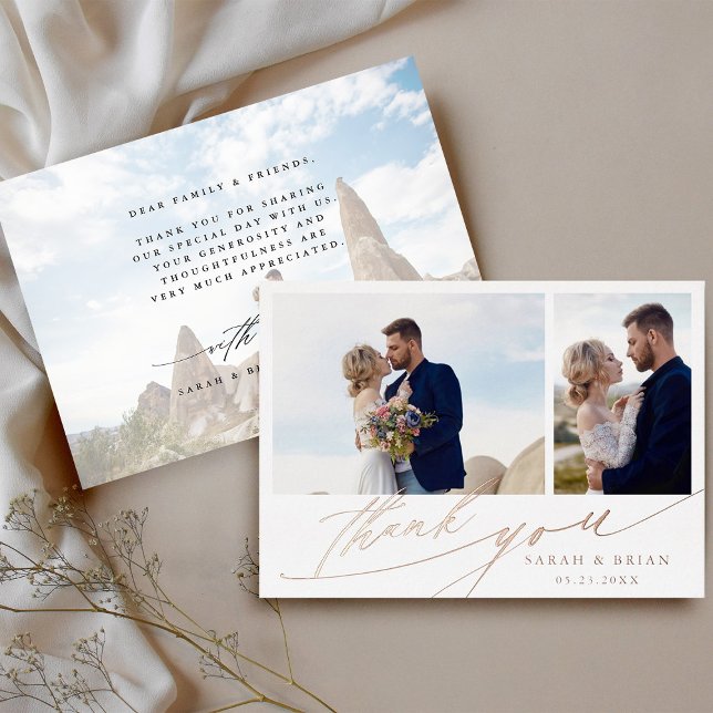 Hand Lettered 3 Photo Wedding Thank You Foil Card (Front & Back)