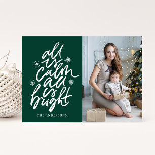Hand-Lettered All Is Calm All Is Bright Green Holiday Card