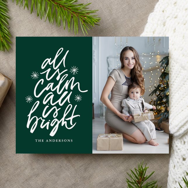 Hand-Lettered All Is Calm All Is Bright Green Holiday Postcard (Creator Uploaded)