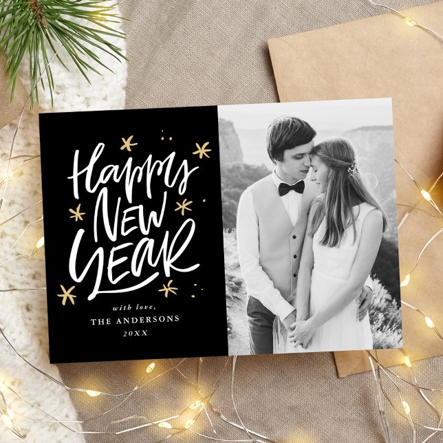 Hand-Lettered Black & Gold Happy New Year Photo Holiday Card (Creator Uploaded)