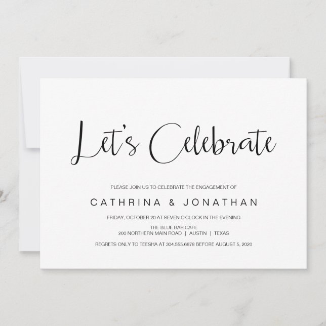 Hand Lettered, Black script, Engagement Party Invitation (Front)