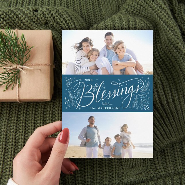 Hand-lettered Blessings 2 Photo Holiday Card (Creator Uploaded)