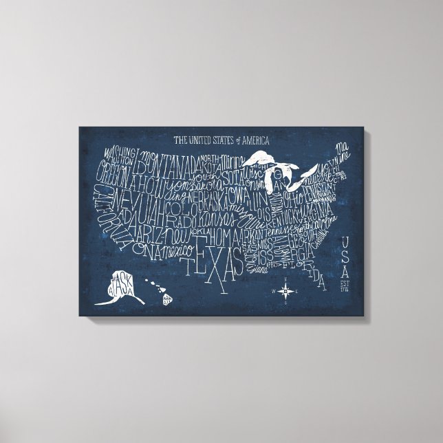 Hand Lettered Blue USA Map Canvas Print (Front)