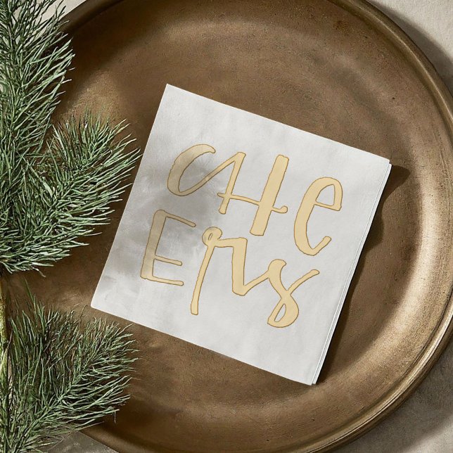 Hand-Lettered Cheers Festive Gold Foil Napkins (Hand-Lettered Cheers Festive Gold Foil Napkins)