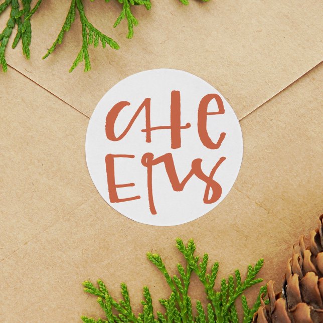 Hand Lettered Cheers Holiday Stickers (Red and white hand-lettered Cheers Christmas round sticker.)
