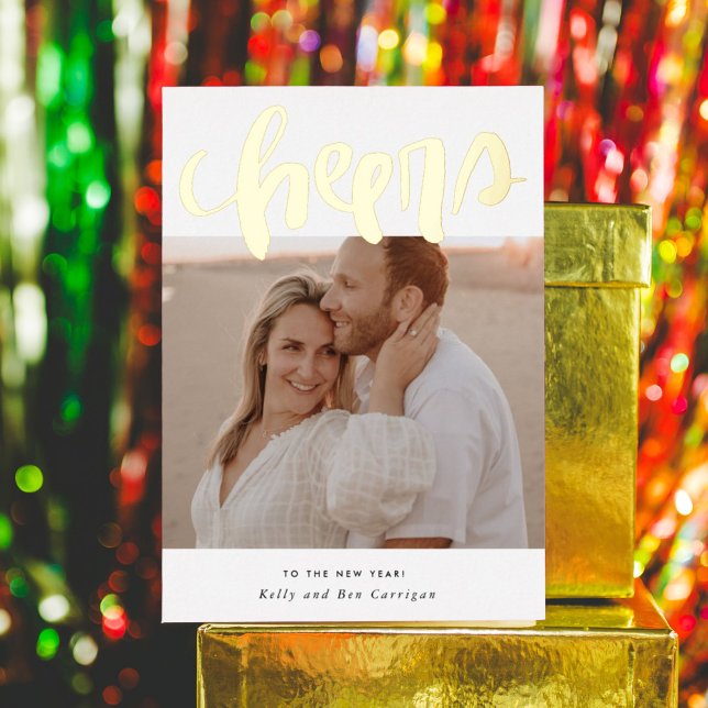 Hand Lettered Cheers Photo Gold Foil Holiday Card (Gold foil and hand lettered Cheers photo card to ring in the new year!)