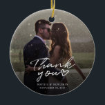 Hand-Lettered Christmas Wedding Photo Thank You Ceramic Ornament<br><div class="desc">A great and thoughtful way to thank your friends,  family,  and coworkers who showed up to support and help on your wedding day with this modern photo thank you Christmas ornaments with script hand lettered "thank you" and a love heart.</div>