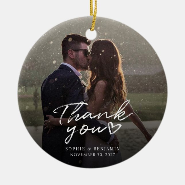 Hand-Lettered Christmas Wedding Photo Thank You Ceramic Ornament (Front)