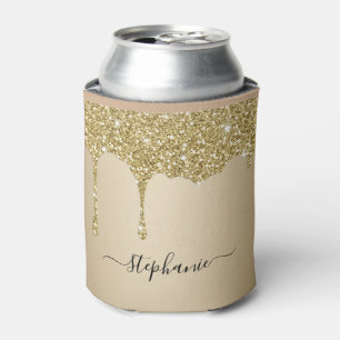 Hand Lettered Custom Name Gold Glitter Drips Luxe Can Cooler