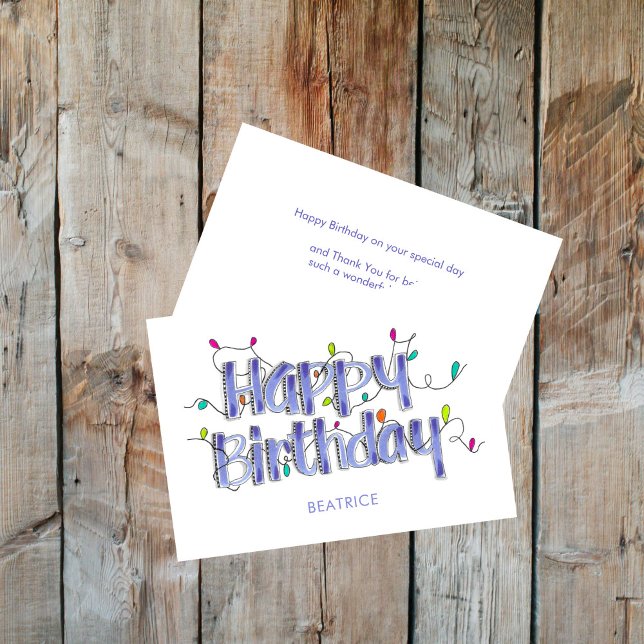 Hand Lettered Dusty Blue Customised Happy Birthday Card (Dusty Blue Happy Birthday Lettering Folded Card)
